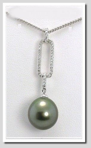 11.74MM Dark Gray Tahitian Pearl Diamond Pendant/Chain 14K Gold 16in