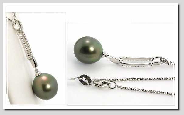 11.74MM Dark Gray Tahitian Pearl Diamond Pendant/Chain 14K Gold 16in