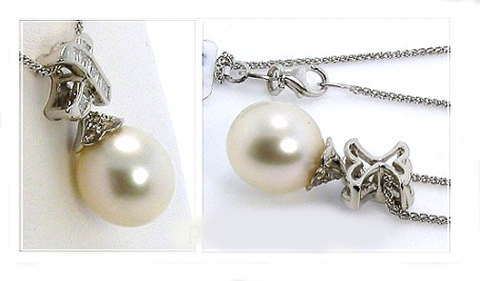 10.7MM White South Sea Pearl Diamond Pendant w/Chain 18K Gold 16in