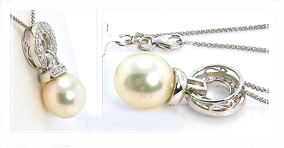 11.3MM White South Sea Pearl Diamond Pendant w/Chain 18K Gold 16in