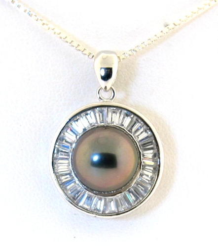 11MM Tahitian Pearl & Crystal Pendant w/Chain 18in, Sterling Silver