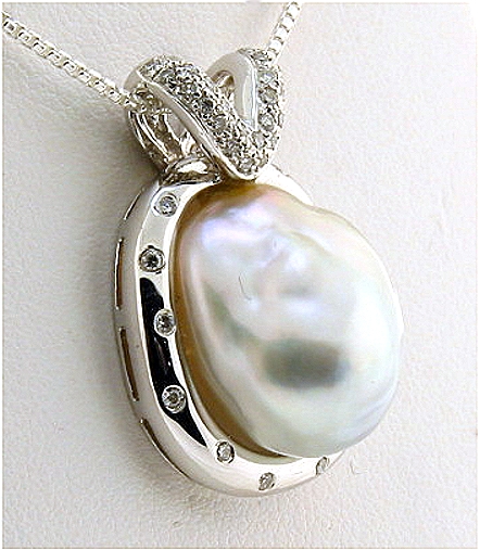 13.4X16.5MM Silver Gray South Sea Pearl Pendant-Slide w/0.27 Ct. Diamonds, 14K White Gold