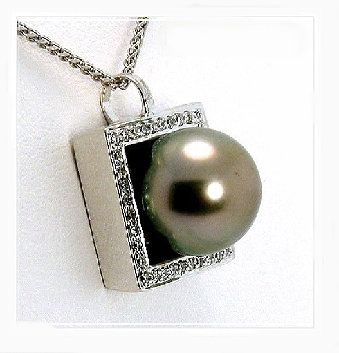 10.66MM Gray Tahitian Pearl Pendant Slide w/0.19 Ct. Diamonds, 18K White Gold