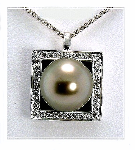 10.66MM Gray Tahitian Pearl Pendant Slide w/0.19 Ct. Diamonds, 18K White Gold