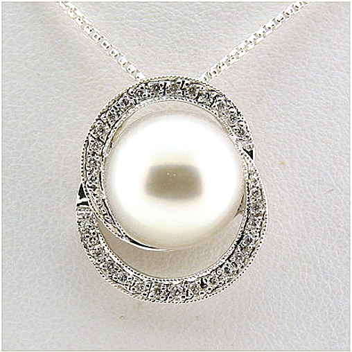 12.5MM White South Sea Pearl Pendant-Slide w/0.15 Ct. Diamonds, 18K White Gold