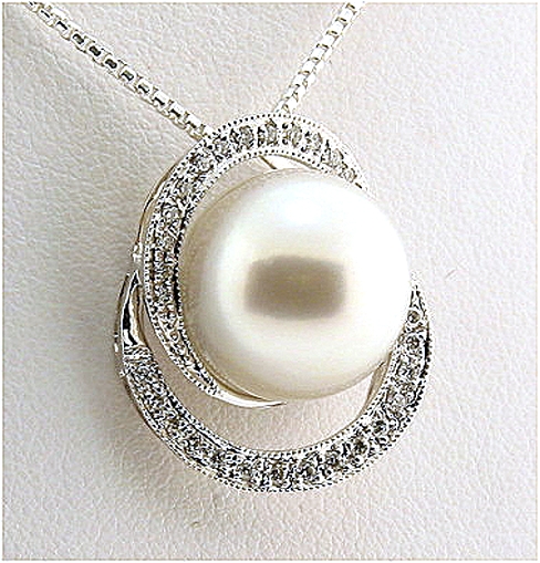 12.5MM White South Sea Pearl Pendant-Slide w/0.15 Ct. Diamonds, 18K White Gold