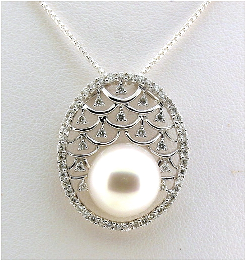 12.2MM White South Sea Pearl Pendant Slide w/0.70 ct. Diamonds, 18K White Gold 