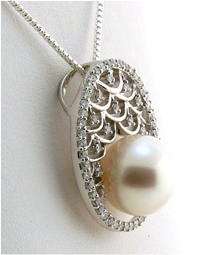 12.2MM White South Sea Pearl Pendant Slide w/0.70 ct. Diamonds, 18K White Gold 