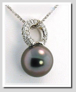 11.8MM Black Tahitian Pearl Pendant Slide, 0.42 ct. Diamonds, 18K W Gold Omega Chain 18 in.