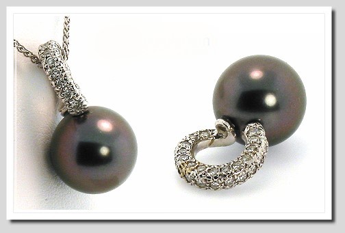 11.8MM Black Tahitian Pearl Pendant Slide, 0.42 ct. Diamonds, 18K W Gold Omega Chain 18 in.