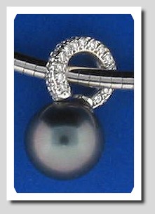 11.8MM Black Tahitian Pearl Pendant Slide, 0.42 ct. Diamonds, 18K W Gold Omega Chain 18 in.