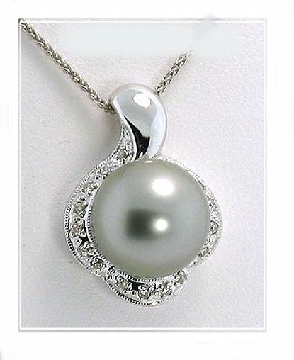 12.17MM Silver Gray Tahitian Pearl Pendant, 0.14 Ct. Diamonds, 14K W Gold