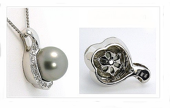 12.17MM Silver Gray Tahitian Pearl Pendant, 0.14 Ct. Diamonds, 14K W Gold