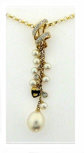 Multi White Freshwater Pearl Diamond Pendant 14K Yellow Gold