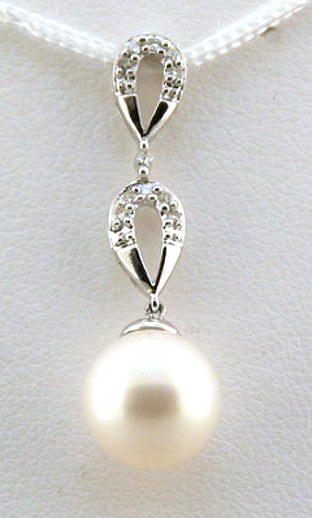 AAA 9-9.5MM FW Pearl & Diamond Tear Drop Pendant 14K White Gold