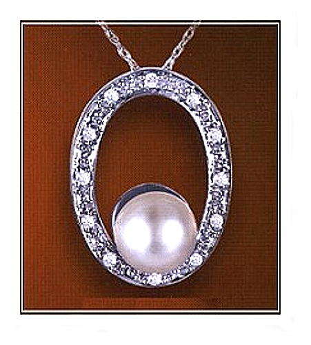 AAA 7-7.5MM FW Pearl & Diamond Oval Pendant 14K White Gold