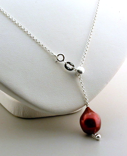 11x14MM Red/Brown Freshwater Pearl Lariat Adjustable Necklace, Sterling Silver, 22in