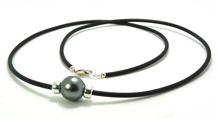 12.7MM Gray Tahitian Pearl & Roundals on Black Rubber Cord, Silver, 24in.
