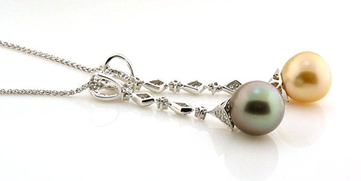 Golden South Sea Pearl & Peacock Tahitian Pearl Pendant w/Chain, 0.54 Ct. Diamonds, 18K White Gold, 18 + 2 In.