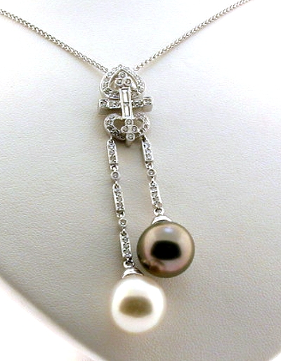 White South Sea Pearl & Peacock Tahitian Pearl Pendant w/Chain, 0.52 Ct. Diamonds, 18K White Gold, 16 + 2.3 In.