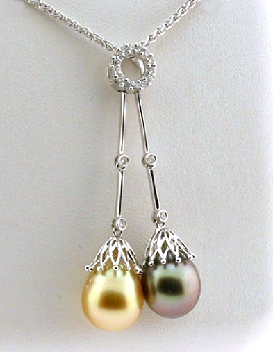 Gray & Golden South Sea Pearl Lariat Necklace w/0.23 Ct. Diamonds, 18K White Gold 18 In. 
