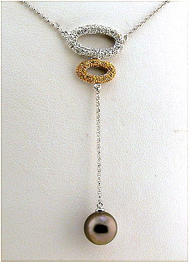 8.83MM Tahitian Pearl Lariat Necklace w/0.26 Ct. White & Yellow Diamonds, 14K White Gold