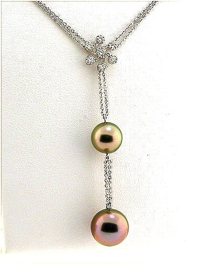 9.05MM & 10.9MM Peacock Tahitian Pearl Lariat Necklace, 0.20 Ct. 18K White Gold 16+2 In.