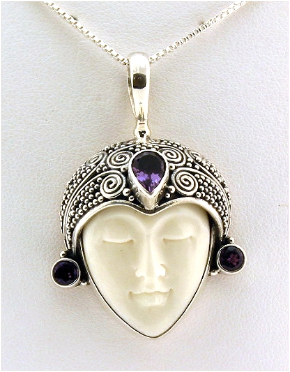 Bone Carving Lady Face Pendant w/Amethyst, Silver, 1.7in Long, 13 Grams