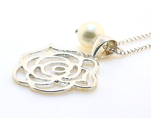 6-6.5MM White Akoya Pearl Rose Pendant w/16in Chain, Silver