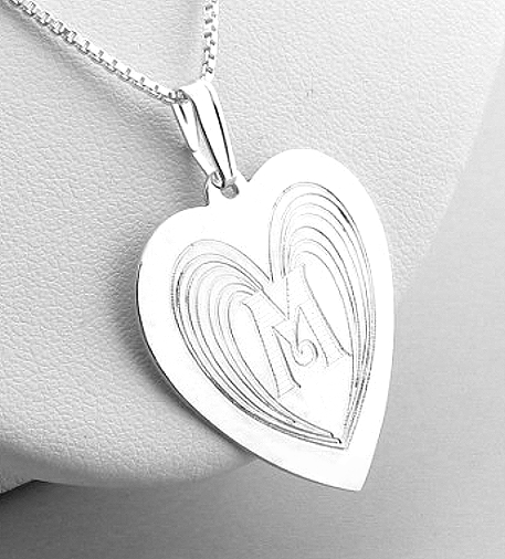 Angel Wing Design Monogram Initial Heart Pendant w/Chain 18in, Sterling Silver 