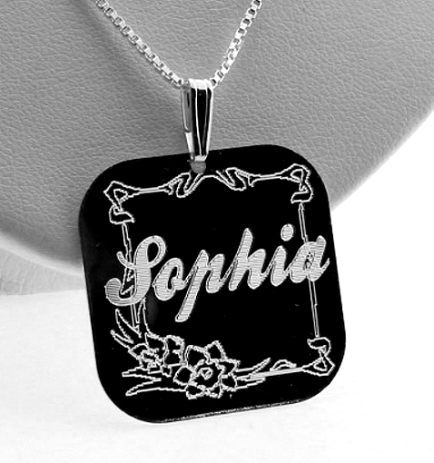 Custom Made Floral Design Script Name Plate Pendant with Chain, Square Shape, Sterling Silver