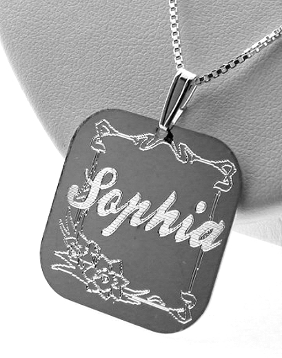 Custom Made Floral Design Script Name Plate Pendant with Chain, Square Shape, Sterling Silver