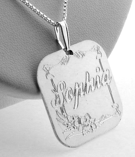 Custom Made Floral Design Script Name Plate Pendant with Chain, Square Shape, Sterling Silver