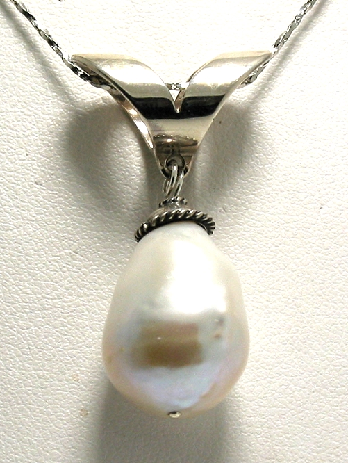 15X21MM Creamy White Freshwater Pearl Pendant Slide, Silver, 1.4in Long