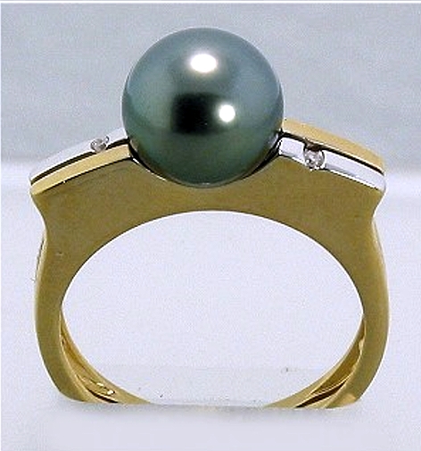 9MM Tahitian Pearl Ring w/Diamond, 14K Y Gold Size 7.25