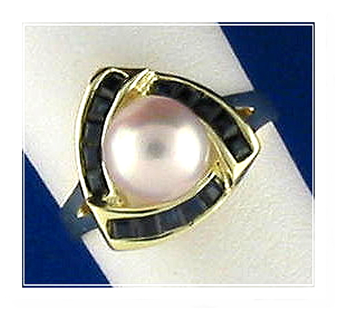 Cultured Pearl & Sapphire Ring, 14K, Triangle Style, Size 7