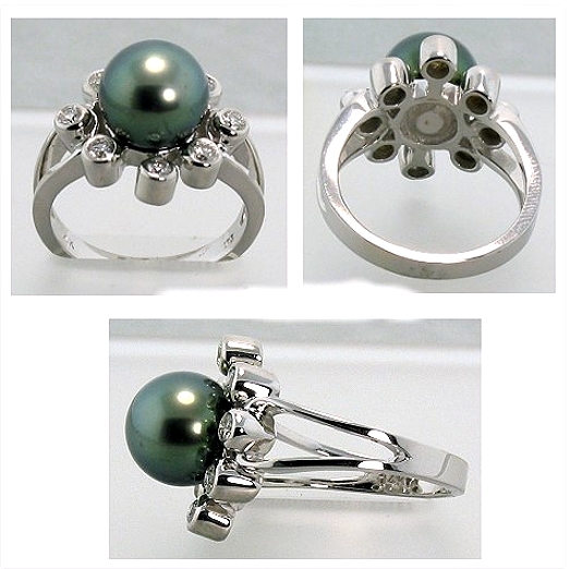 9.7MM Peacock Tahitian Pearl Diamond Ring 0.42 Ct. 14K White Gold Siz