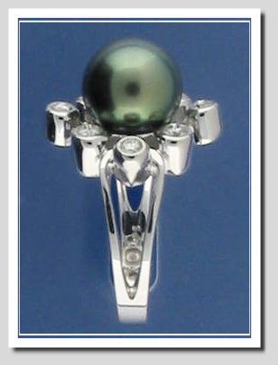 9.7MM Peacock Tahitian Pearl Diamond Ring 0.42 Ct. 14K White Gold Size 7.5