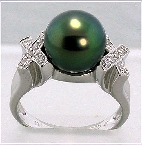 10MM Black Tahitian Pearl Ring w/Diamonds, 18K White Gold, XO Style, Size 7.5