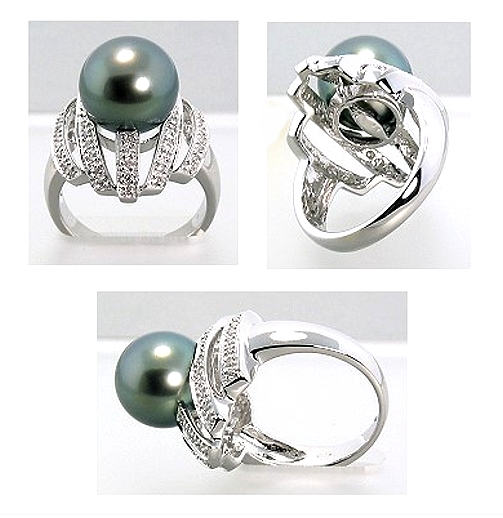 10.5-11MM Tahitian Pearl Diamond W-Style Ring 0.26CT. 18K White Gold Sz 7