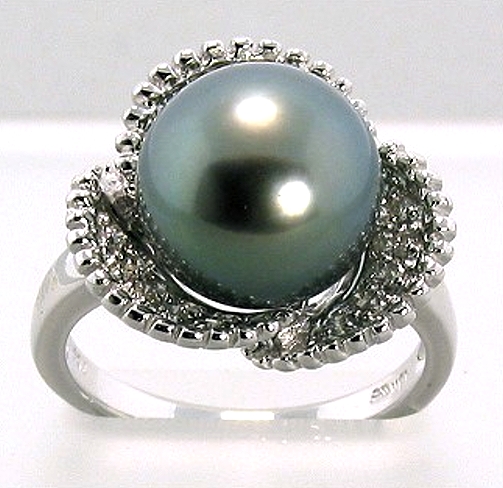 10.5-11MM Tahitian Pearl Diamond Ring 0.31CT. 18K White Gold Sz 7
