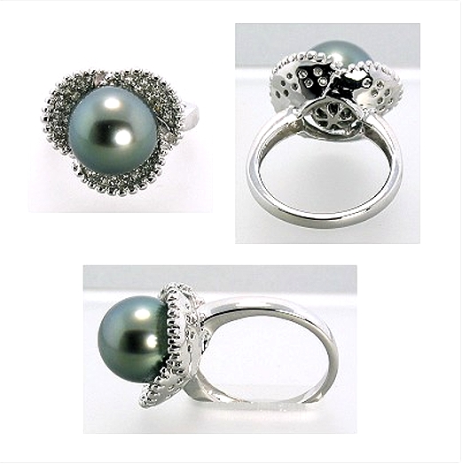 10.5-11MM Tahitian Pearl Diamond Ring 0.31CT. 18K White Gold Sz 7