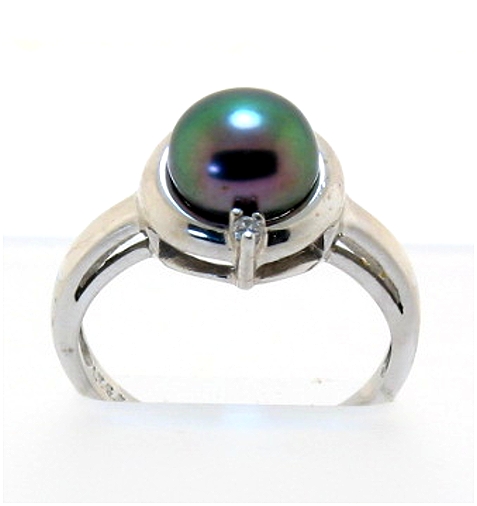 8-8.5MM Black Freshwater Cultured Pearl Ring w/Diamond, 14K White Gold, Size 7