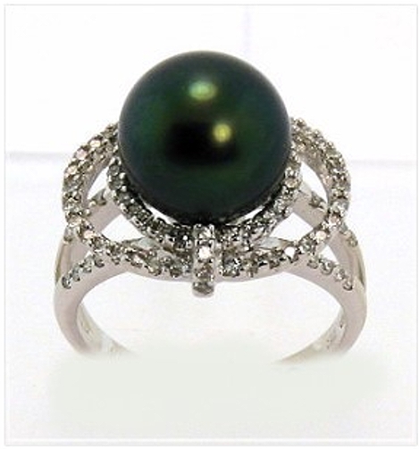 10.9MM Peacock Color Tahitian Cultured Pearl Ring, 0.61ct. Diamonds, 18K W Gold