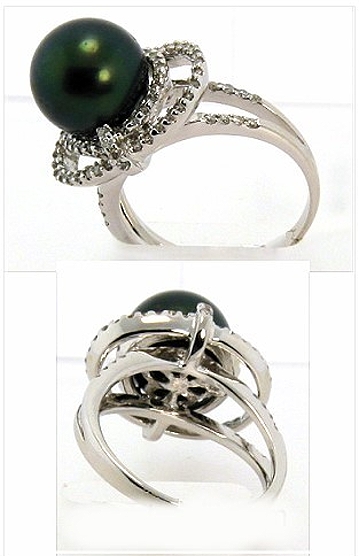 10.9MM Peacock Color Tahitian Cultured Pearl Ring, 0.61ct. Diamonds, 18K W Gold