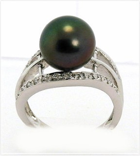 10.7MM Peacock Color Tahitian Cultured Pearl Ring, 0.16ct. Diamonds, 18K W Gold