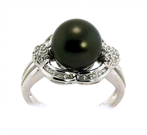 9.9MM Black Tahitian Cultured Pearl Ring, 0.24ct. Diamonds, 18K W Gold