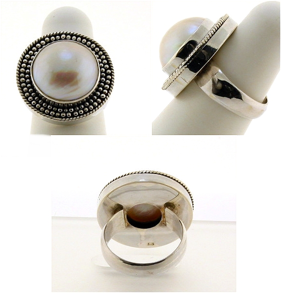 15MM Mabe Pearl Ring, Silver, 9.2 Grams, Size 9