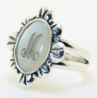 14X10MM Initial Engraved Ring, Sterling Silver, Mother of Pearl