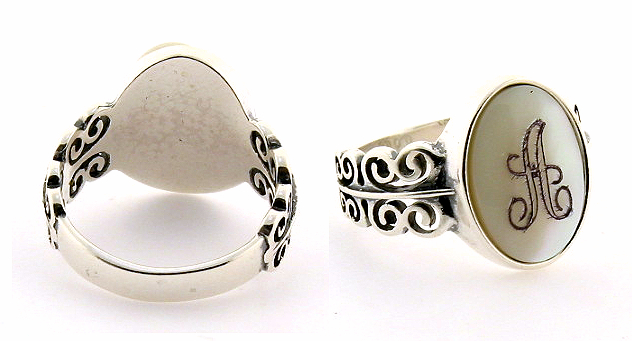 14X10MM Initial Engraved Ring, Sterling Silver, Mother of Pearl Size 7